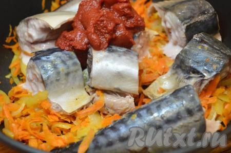 Затем открыть крышку, добавить 2 столовые ложки томатной пасты и аккуратно, стараясь не разломать кусочки скумбрии, перемешать рыбу с овощами и томатом. Снова накрыть крышкой и тушить 15-20 минут на медленном огне. Я пару раз в процессе тушения перемешала скумбрию с овощами и томатом.