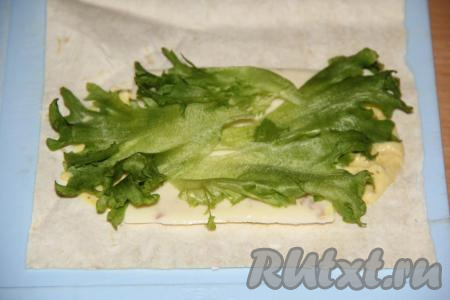 Сверху выложить листики зелёного салата.