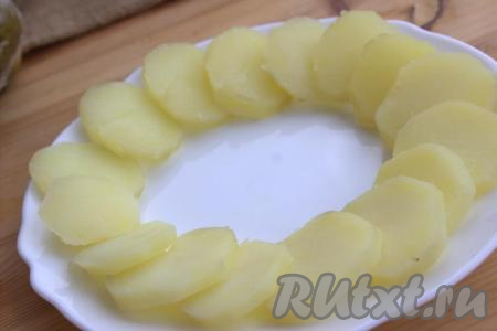 На плоское блюдо в один (или два) слоя по кругу выложить кружочки картофеля.