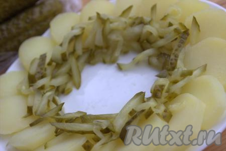 Рядом с картофелем по кругу, ближе к центру, выложить нарезанные солёные огурцы (как на фото).