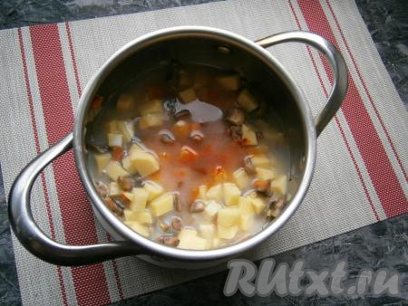 Теперь выложить в кастрюлю очищенный и нарезанный кубиками картофель, влить воду и 50 мл сливок, добавить соль и паприку, перемешать, довести до кипения на среднем огне.