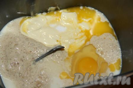 Влить опару в ведёрко хлебопечки, добавить растопленное не горячее сливочное масло и яйцо.