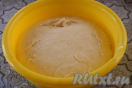 Накрываем миску с тестом плёнкой и оставляем на расстойку, примерно, на 1 час. За это время тесто хорошо подойдёт и увеличится в размерах в несколько раз.