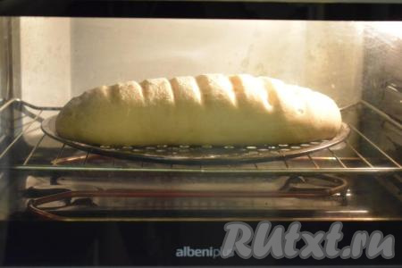 Подошедший батон отправляем в разогретую духовку и выпекаем при температуре 190 градусов 35 минут.