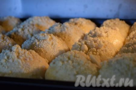 Оставляем булочки для расстойки на 20-30 минут при комнатной температуре, накрыв полотенцем. Далее отправляем дрожжевые булочки с вишней в разогретую духовку и выпекаем при температуре 180 градусов, примерно, 35-40 минут.