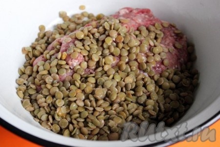 Чечевицу предварительно сварите около 30 минут в соотношении 2/3 стакана зелёной чечевицы и 1,5 стакана воды.