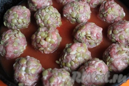 Сформируйте тефтели. Сложите тефтели в смазанную растительным маслом форму и залейте томатным соком.
