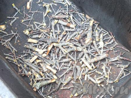 За 30 минут до копчения подготовьте коптильню. Необходимо разжечь мангал. На дно коптильни разложите опилки или тонкие ветки фруктовых деревьев. В моем случае - это слива. Или же можно использовать ольху. Сбрызните опилки (веточки) слегка водой. Поставьте коптильню на мангал. Закройте крышкой. Разогревайте 15 минут, чтобы из коптильни пошёл дым.