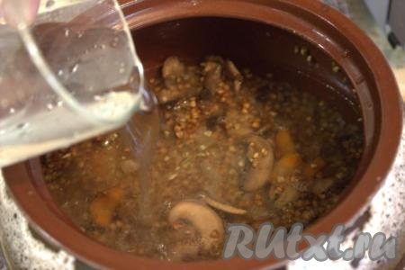 В каждый горшочек влить кипящую воду так, чтобы она была на 2 сантиметра выше уровня гречки с овощами и грибами.