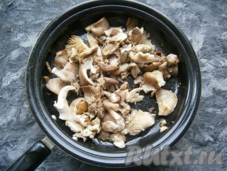 Выложить нарезанные вешенки на сковороду, разогретую с растительным маслом, и обжаривать, периодически помешивая, на среднем огне минут 5. Посолить грибы и поперчить, посыпать приправой.