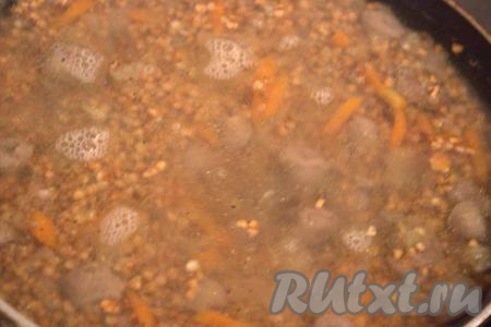 В сковороду влить 500 мл воды, довести до кипения, а затем, уменьшив огонь до минимума и накрыв сковороду крышкой, томить гречку с куриными сердечками до испарения жидкости (20-25 минут). Выключить огонь и дать блюду настояться ещё 10 минут.