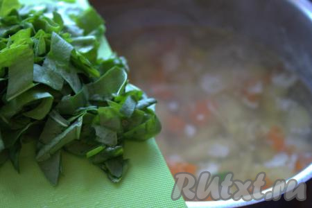 Приправить специями по вкусу, перемешать, добавить нарезанный щавель, дать закипеть и уменьшить огонь.