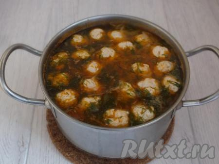 Щи, приготовленные из свежей капусты с фрикадельками, можно подавать к столу.