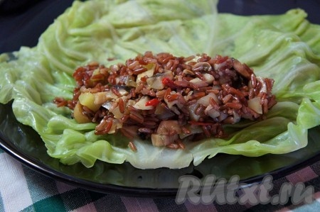 Начинку из риса и овощей для голубцов разделить на 4 части, каждую часть выложить на отдельный лист и плотно свернуть.
