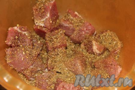 Посолить кусочки свинины по вкусу, добавить любимые&nbsp;приправы&nbsp;для шашлыка&nbsp;и хорошо перемешать. Оставить свинину на пару часов промариноваться.