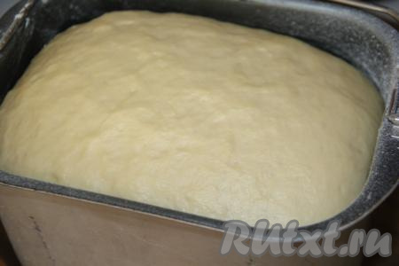 Установить режим "Замес теста" (в моей хлебопечке замес теста осуществляется за 1,5 часа). Для того чтобы замесить тесто вручную (без помощи хлебопечки), нужно в достаточно глубокую миску влить кефир комнатной температуры, добавить опару, яйца, сметану, не горячее растопленное сливочное масло, слегка перемешать. Далее всыпать сахар, соль, ванилин и, постепенно добавляя муку, замесить мягкое, очень приятное в работе тесто. Муки может понадобится чуть меньше или немного больше, так как и мука, и размер яиц  - разные. Оставить тесто в миске в тёплом месте на 1-1,5 часа, за это время дрожжевое тесто хорошо "вырастет", увеличившись в объёме в несколько раз.