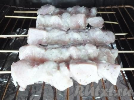Дно духовки застелите фольгой. Подготовленные шпажки с мясом выложите на решётку в духовке. Запекайте куриный шашлык в течение&nbsp;20 минут. Если есть функция "Гриль", можно её включить.&nbsp;