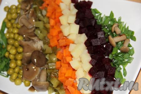Для второго варианта подачи винегрета: выложить на плоскую тарелку полосками свеклу, морковь, картошку, огурцы, грибы, горошек, лук, посолить по вкусу и сбрызнуть сверху маслом.