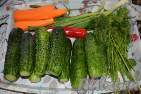 Подготовим продукты для салата. Огурцы промоем в холодной воде и отрежем кончики с двух сторон. Морковь очистим от кожицы. Зелень и зелёный лук промоем и обсушим.