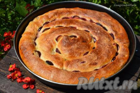 Готовый пирог с яблоками и сливами будет румяным, красивым и очень ароматным. Остужаем его до тёплого состояния, накрыв полотенцем.