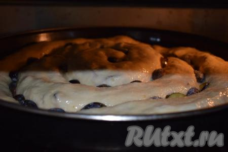 Подошедший пирог отправляем в разогретую духовку и выпекаем при температуре 180 градусов 35-40 минут.