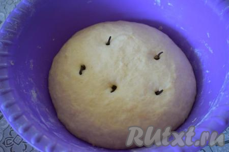 Далее хочу поделиться хитростью, которую нашла в кулинарном блокноте моей прабабушки Шуры: для того чтобы тесто получилось ароматным, вставляем в него несколько бутонов гвоздики так, чтобы их было видно и затем мы легко смогли извлечь их из подошедшего теста. Я очень хорошо помню пироги моей прабабушки, они у неё, действительно, были неповторимыми! Если кому-то эта хитрость понравится и пригодится, то помяните добрым словом мою прабабушку. Накрываем тесто плёнкой (или полотенцем), оставляем в тёплом месте для подхода на 1 час.