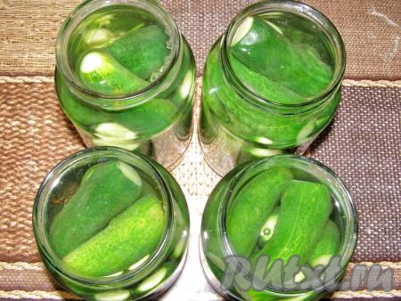 Кипятим воду (примерно, 300-500 мл воды для каждой банки) и заливаем кипяток в каждую банку. Накрываем банки прокипячёнными крышками (но не закручиваем) и оставляем на три дня при комнатной температуре.