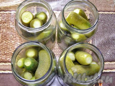 Огурцы и чеснок промываем холодной водой. Зелень можно положить свежую, можно промыть ту, которая была в банках. Раскладываем огурцы обратно по банкам.