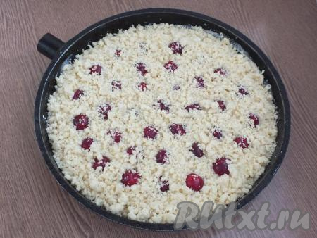 Сверху посыпьте оставшейся 1/3 крошки, равномерно распределяя её по всей поверхности пирога. Поставьте форму с королевской ватрушкой в разогретую до 180 градусов духовку на 35-40 минут. Ориентируйтесь на свою духовку.