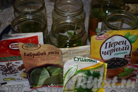На дно каждой банки кладём листья вишни, хрена и базилика, колечки острого перца. Подготавливаем специи.