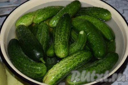 Огурцы хорошо промываем под холодной водой. Если огурцы покупные, то предварительно надо замочить их в воде минимум на 2 часа. У меня огурцы домашние, только собранные с грядки, замачивать такие огурчики нет необходимости, достаточно подержать их в воде минут 10-15.