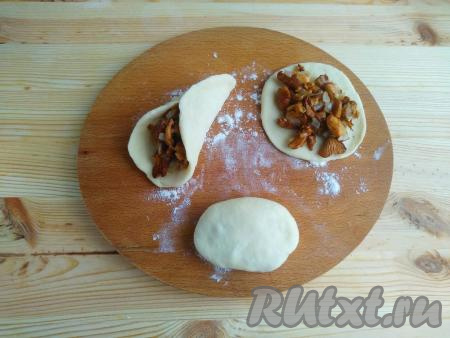 Выложить на лепёшку 1 столовую ложку остывшей грибной начинки, слепить края лепёшки, формируя пирожок. Так поступить с каждой заготовкой.