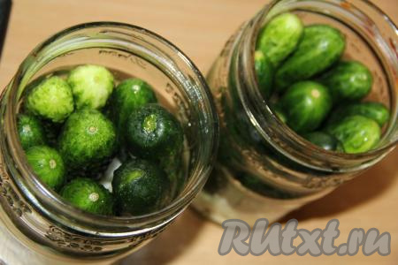 Затем плотно выложить огурчики (попки можно не обрезать).