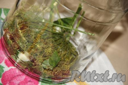 Банку предварительно вымыть и простерилизовать любым способом. На дно стерильной банки выложить укроп, чеснок, смородиновый лист, перец горошком и лаврушку.