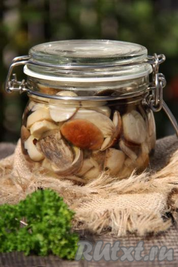 Банку с лесными грибочками закрыть заранее прокипячённой крышкой, перевернуть баночку, поставив на крышку, укутать со всех сторон в одеяло, а после того как остынет, убрать в холодильник (или погреб). Зимой ароматные, вкусные маринованные грибы, приготовленные по этому рецепту, станут отличным дополнением к различным блюдам.