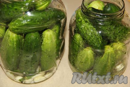 Огурцы хорошо вымыть и плотно выложить в банки. Я сделала одну трёхлитровую банку и две баночки по 2 литра.