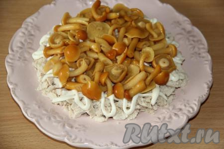 Откинуть грибочки на дуршлаг и дать стечь маринаду. Выложить грибы (я взяла маринованные опята) поверх курицы ровным слоем.