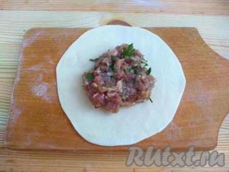 В центр каждой лепёшки разместить 1,5 чайные ложки мясного фарша.