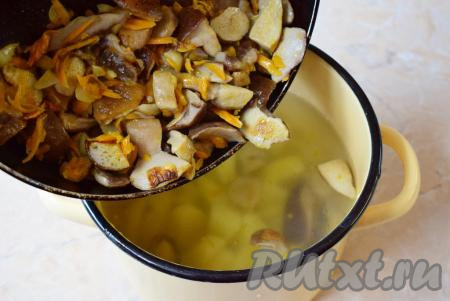 Готовую зажарку с белыми грибами переложите в кастрюлю к картофелю и варите суп минут 15. По вкусу добавьте немного соли и специи. Слишком ароматные специи добавлять не стоит, чтобы не перебивать естественный аромат лесных грибов.
