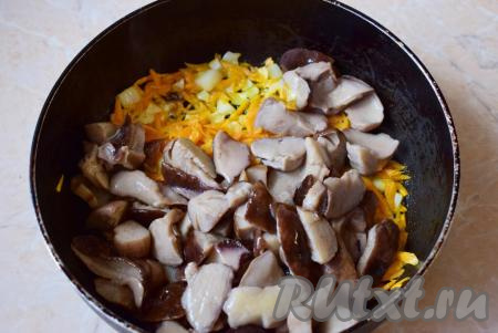 Для приготовления зажарки разогрейте небольшую сковороду до горячего состояния и налейте немного растительного масла. Выложите подготовленные морковку и лук, обжаривайте их на среднем огне минут 5, периодически помешивая. Затем добавьте в сковороду к зажарке отварные лесные грибы, перемешайте и обжаривайте ещё 3-5 минут, помешивая время от времени.