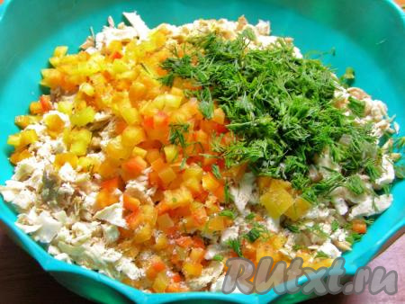 В миску перекладываем нарезанное куриное мясо, болгарский перец, укроп, добавляем 1 чайную ложку соли (я использовала адыгейскую), по вкусу можно немного поперчить, хорошо перемешиваем.