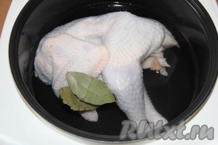 Курицу промыть под проточной водой. Выложить в кастрюлю (или в мультиварку), залить водой, добавить лавровые листья. Варить курицу на огне с момента закипания 2 часа (или в мультиварке в течение этого же времени), после закипания снять пену. Обычную покупную курицу можно варить в течение 1 часа.