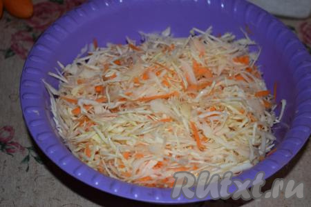 Пока наше тесто подходит, приготовим начинку. Для этого капусту нашинкуем тонко. Морковь очистим от кожуры и натрём на крупной тёрке. Выложим капусту и морковь в миску, посолим по вкусу и немного помнём руками, чтобы капуста пустила сок.