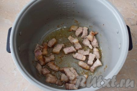 Налейте в чашу мультиварки растительное масло и включите режим "Жарка" на 20 минут. Подождите, чтобы чаша нагрелась. В горячую чашу выложите нарезанную свинину и обжаривайте в течение 8-10 минут, помешивая время от времени.