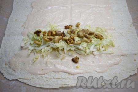 Затем на капусту выложите 1/4 часть обжаренного куриного мяса (остужать мясо необязательно, с горячим будет вкуснее).