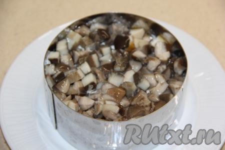 Маринованные грибы откинуть на дуршлаг (я использовала лесные грибочки собственного приготовления, можно, конечно, взять и маринованные шампиньоны, опята, вешенки и т.д.). Грибы мелко нарезать и выложить следующим слоем, слегка утрамбовать.