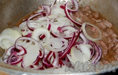Нарезать лук репчатый кольцами и добавить к мясу.