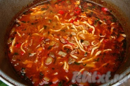 Приготовить кинзу, черный и красный перцы, зиру, соль, чеснок. Добавить в казан вместе с лапшой. Проварить 5 минут и выключить огонь. Лагман наш готов.