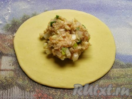 В середину каждого раскатанного кусочка теста кладём, примерно, 1 столовую ложку свиного фарша с луком.