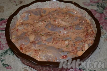 Перекладываем бёдра в форму для запекания&nbsp;(я использовала&nbsp;керамическую форму) и выливаем весь маринад, стараясь равномерно распределить его между&nbsp;кусочками курицы.